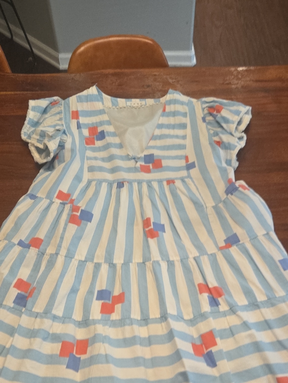THML Blue & White Striped Cotton Dress with Red and Purple Square Accents